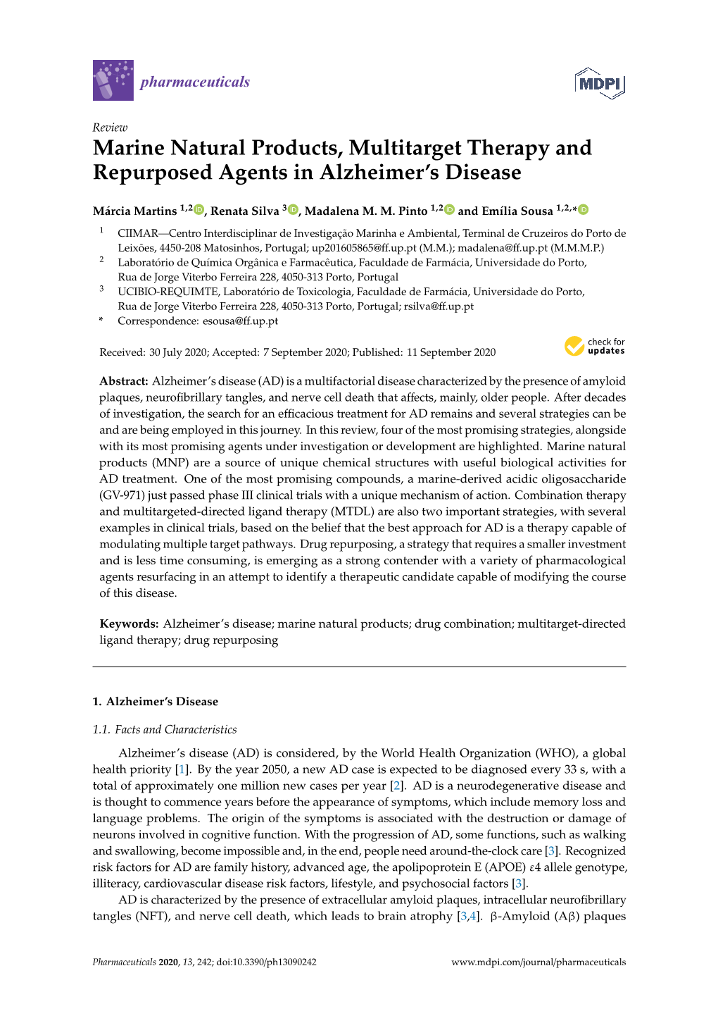 Marine Natural Products, Multitarget Therapy and Repurposed Agents in Alzheimer’S Disease