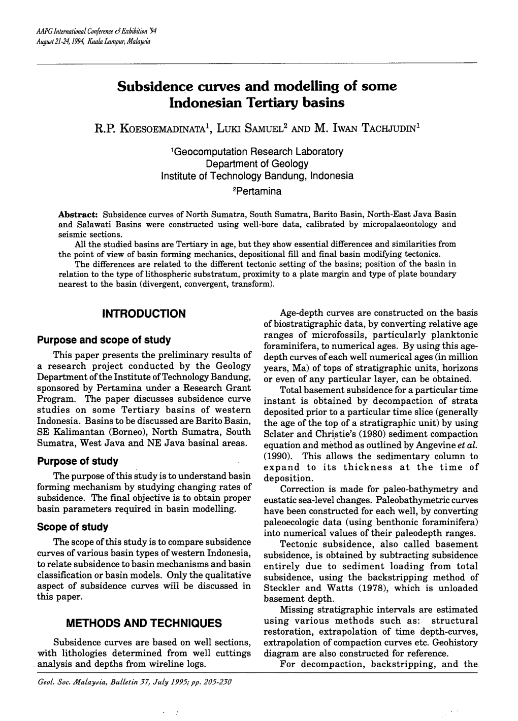 Subsiden~E Curves and Modelling of Some Indonesian Tertiary Basins