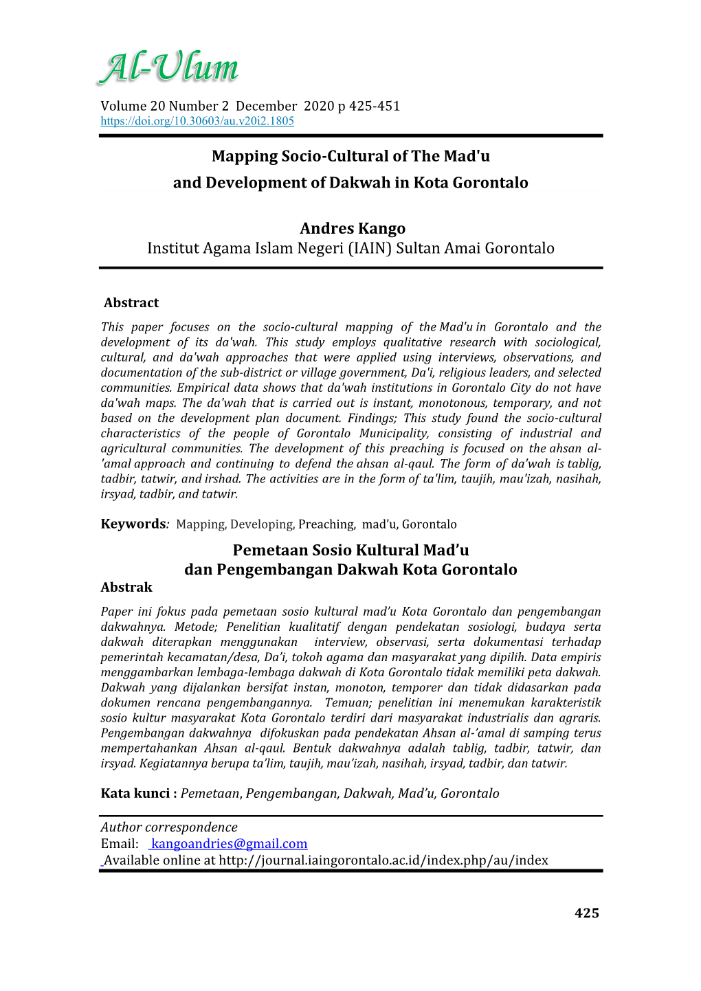 Mapping Socio-Cultural of the Mad'u and Development of Dakwah in Kota Gorontalo