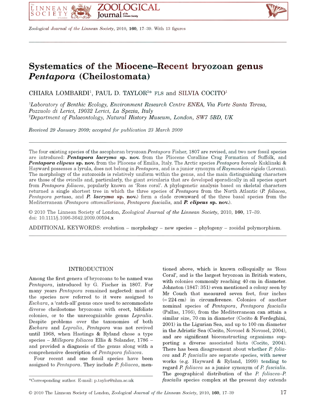 ZOOLOGICAL Systematics of the Miocene-Recent Bryozoan Genus