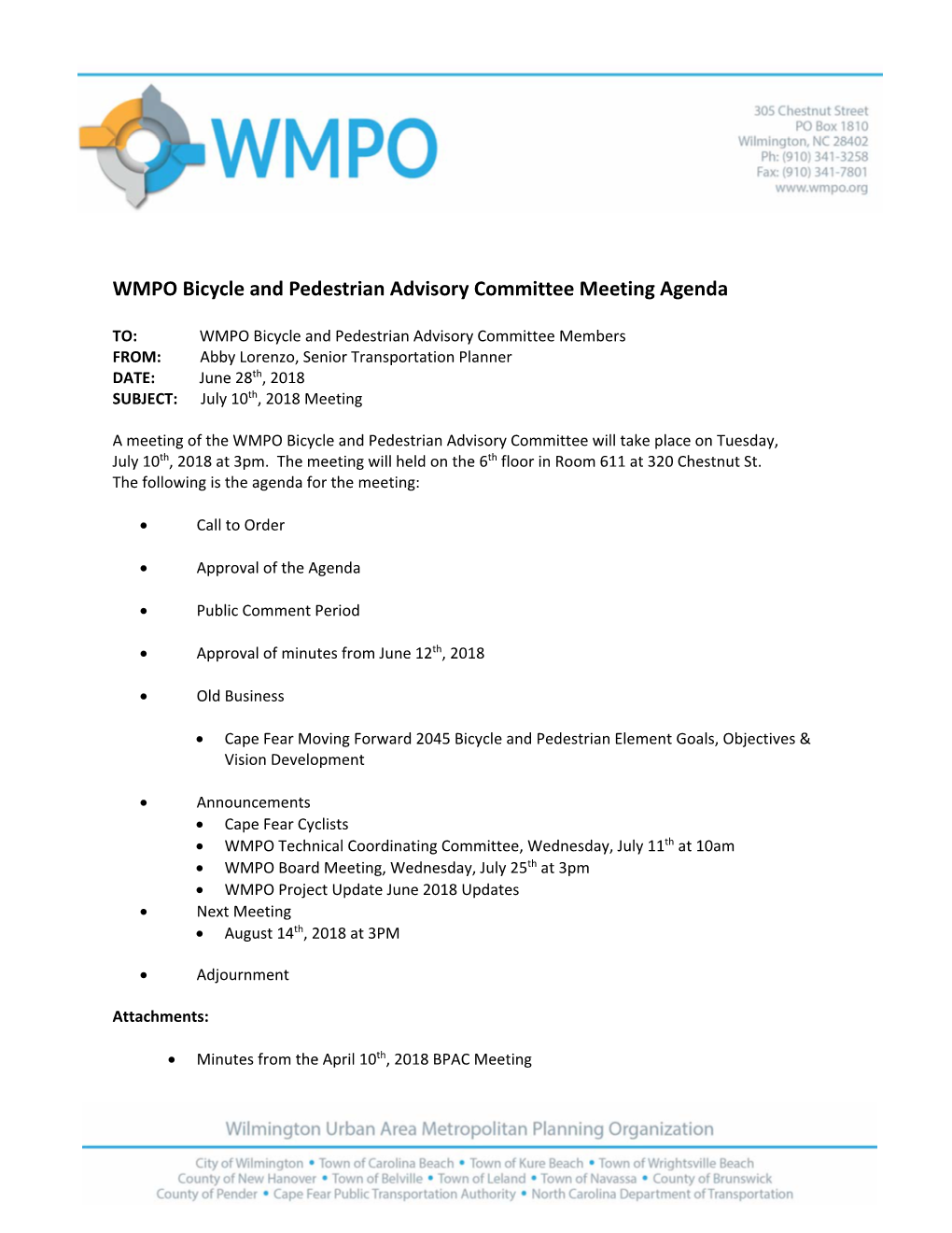 WMPO Bicycle and Pedestrian Advisory Committee Meeting Agenda