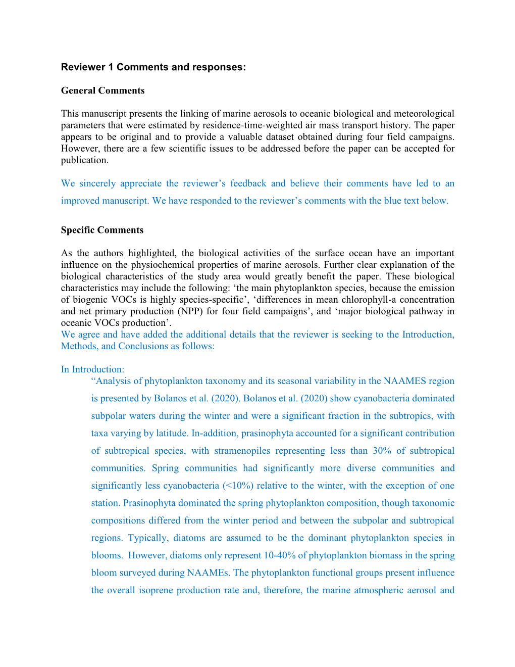 Reviewer 1 Comments and Responses