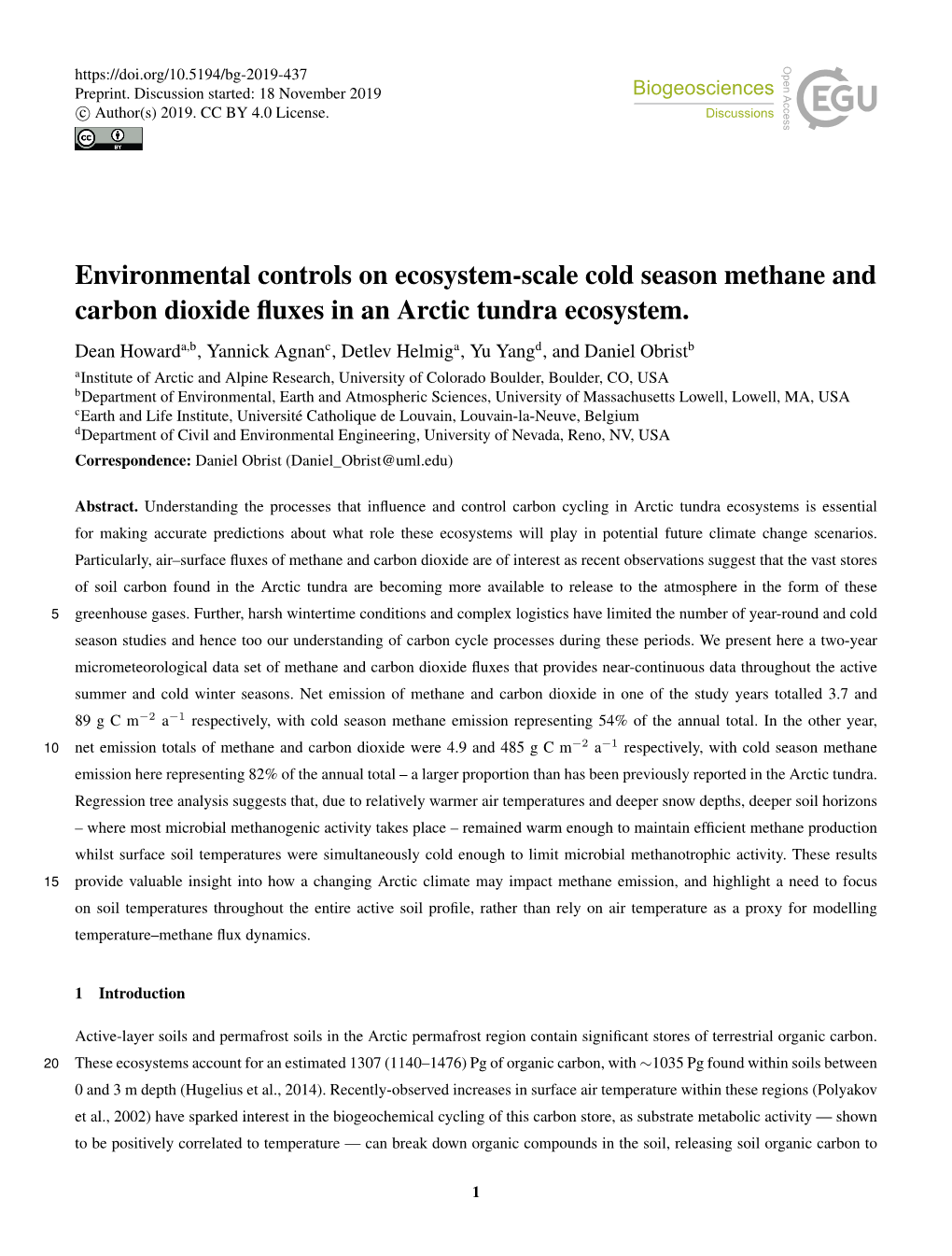 Environmental Controls on Ecosystem-Scale Cold Season Methane and Carbon Dioxide ﬂuxes in an Arctic Tundra Ecosystem