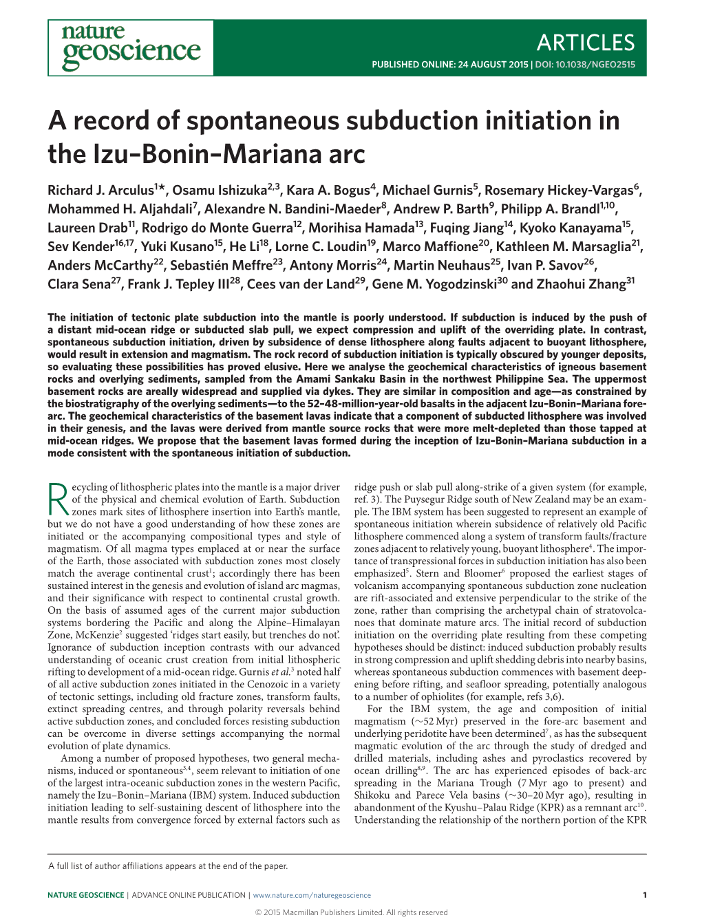 A Record of Spontaneous Subduction Initiation in the Izu–Bonin–Mariana Arc Richard J