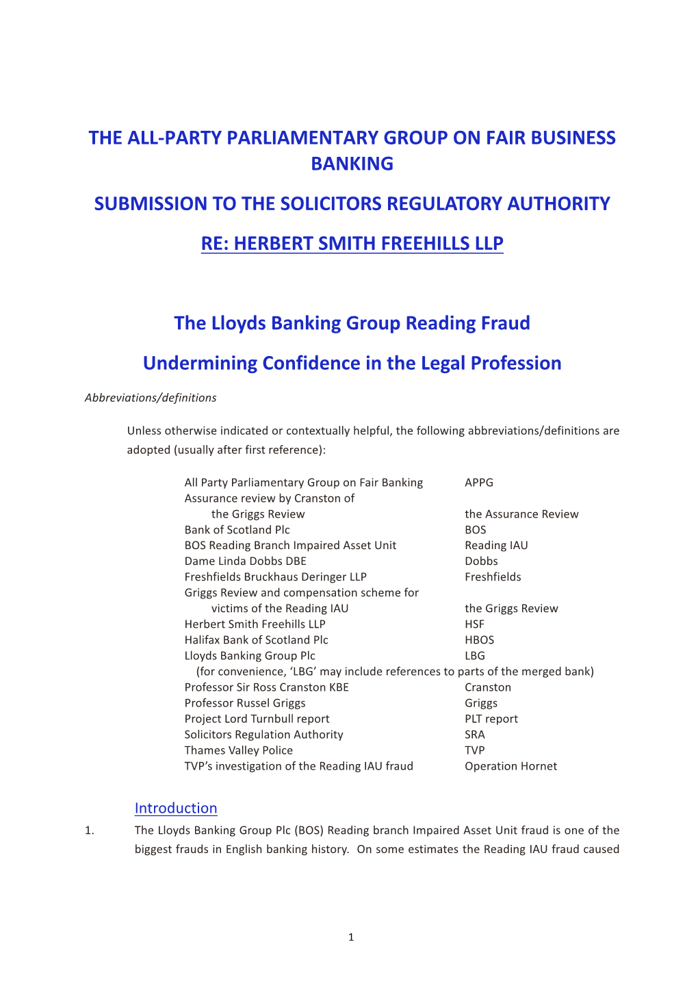 The All-Party Parliamentary Group on Fair Business Banking Submission to the Solicitors Regulatory Authority Re: Herbert Smith Freehills Llp