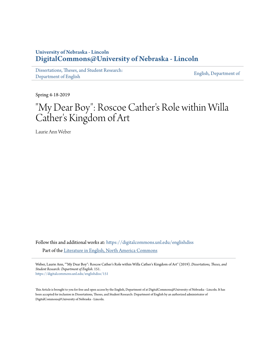 Roscoe Cather's Role Within Willa Cather's Kingdom of Art Laurie Ann Weber