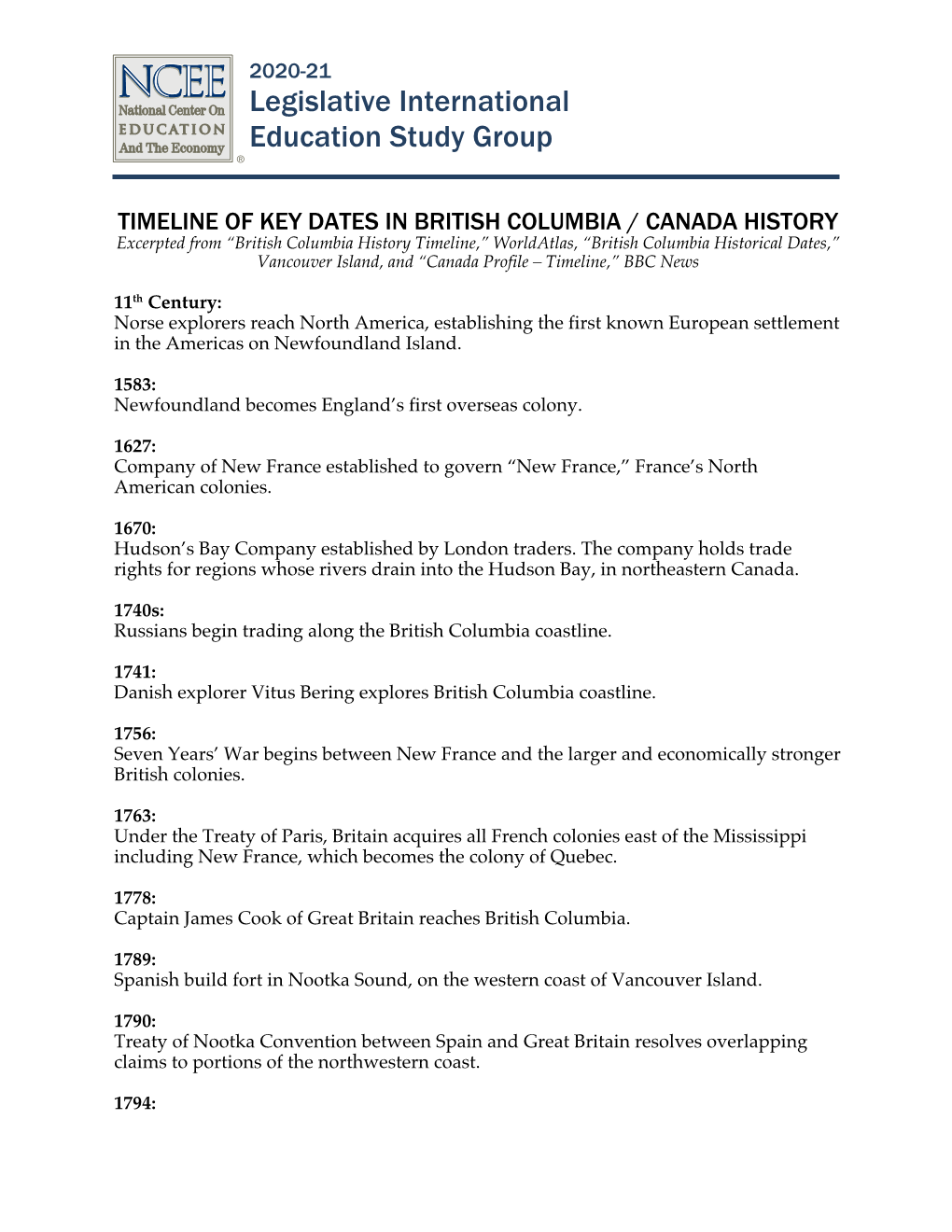 BC Timeline of Key Dates NCEE