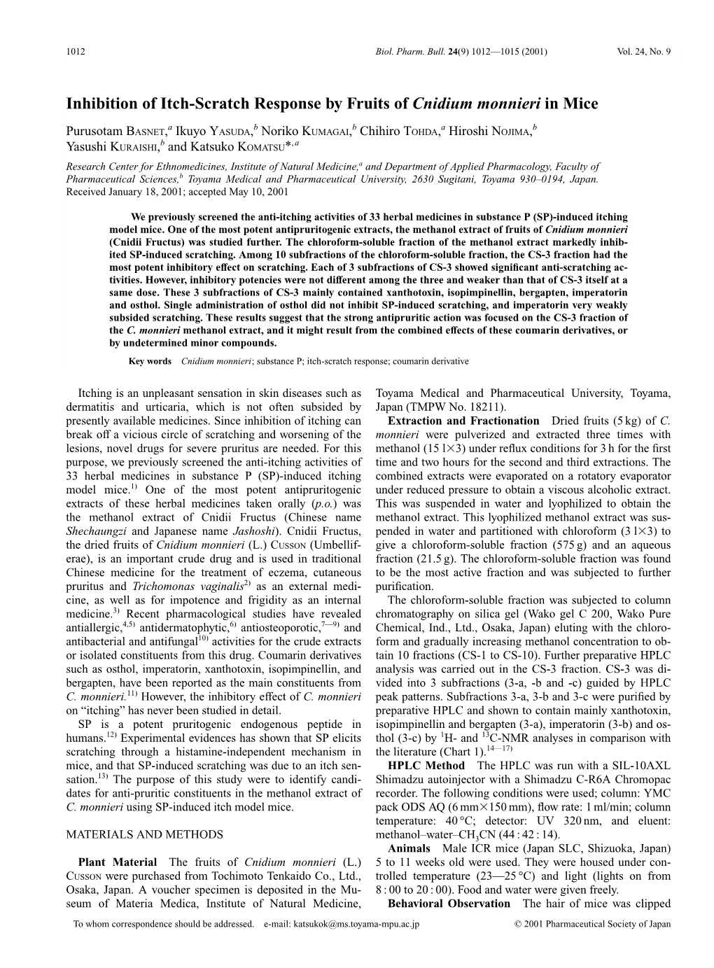 Inhibition of Itch-Scratch Response by Fruits of Cnidium Monnieri in Mice