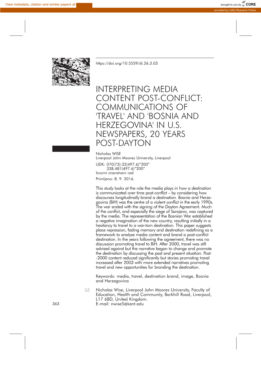 Interpreting Media Content Post-Conflict: Communications of 'Travel' and 'Bosnia and Herzegovina' in U.S