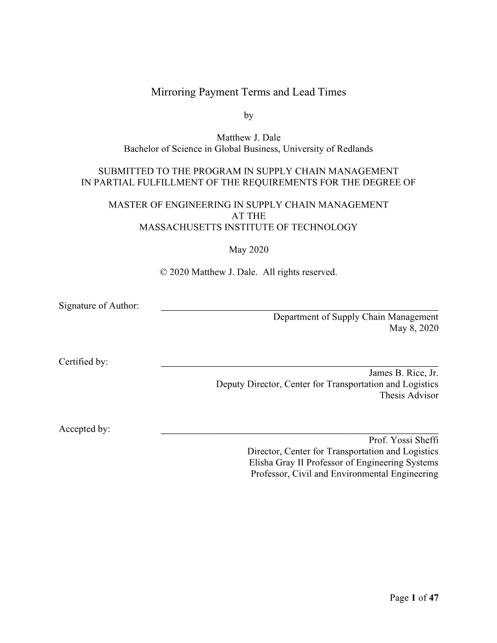 Mirroring Payment Terms and Lead Times