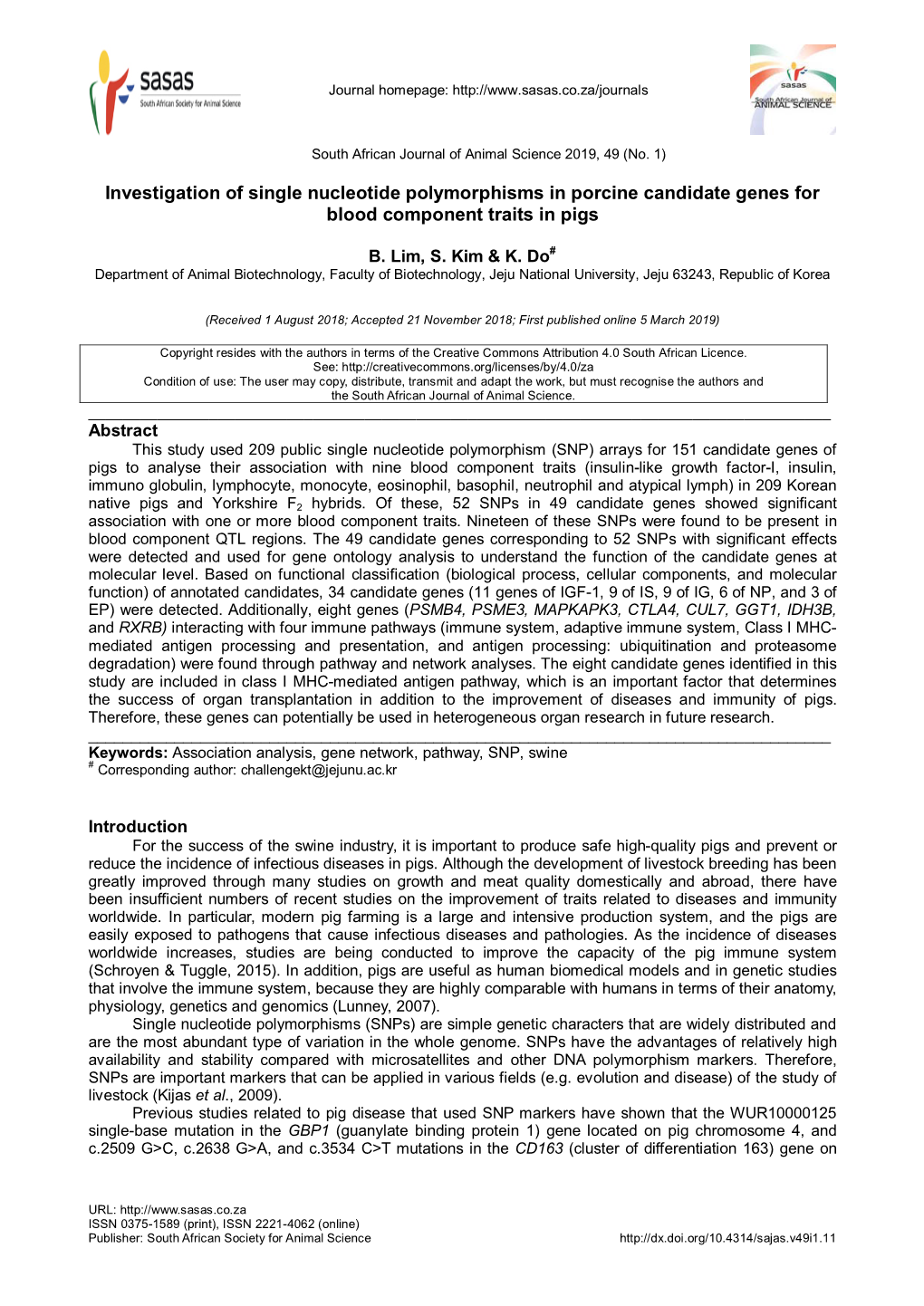 Investigation of Single Nucleotide Polymorphisms in Porcine Candidate Genes for Blood Component Traits in Pigs