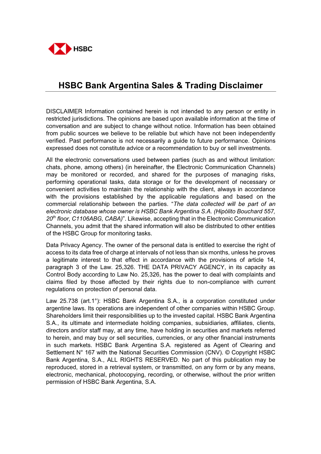 HSBC Bank Argentina Sales & Trading Disclaimer