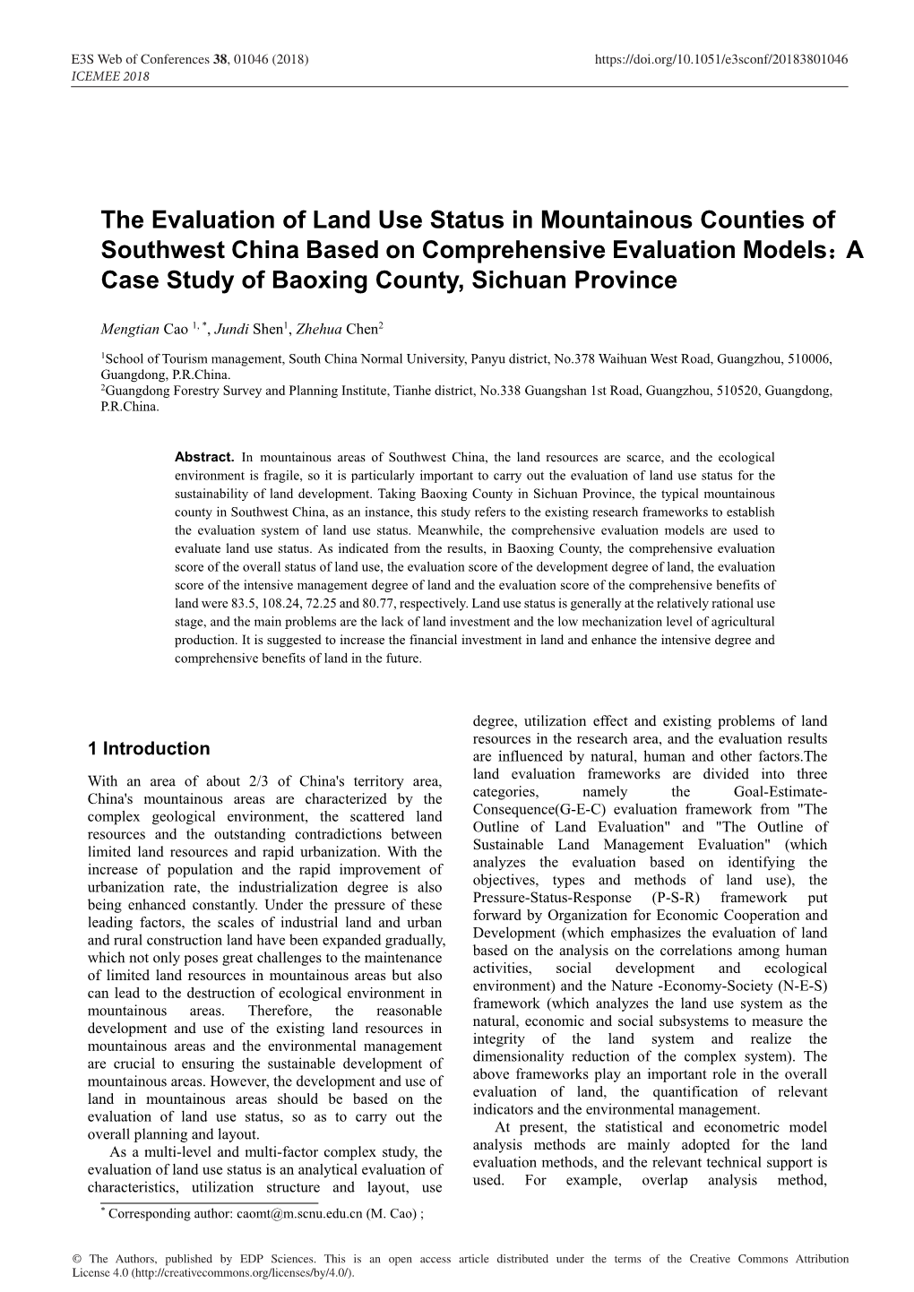 The Evaluation of Land Use Status in Mountainous Counties of Southwest China Based on Comprehensive Evaluation Models