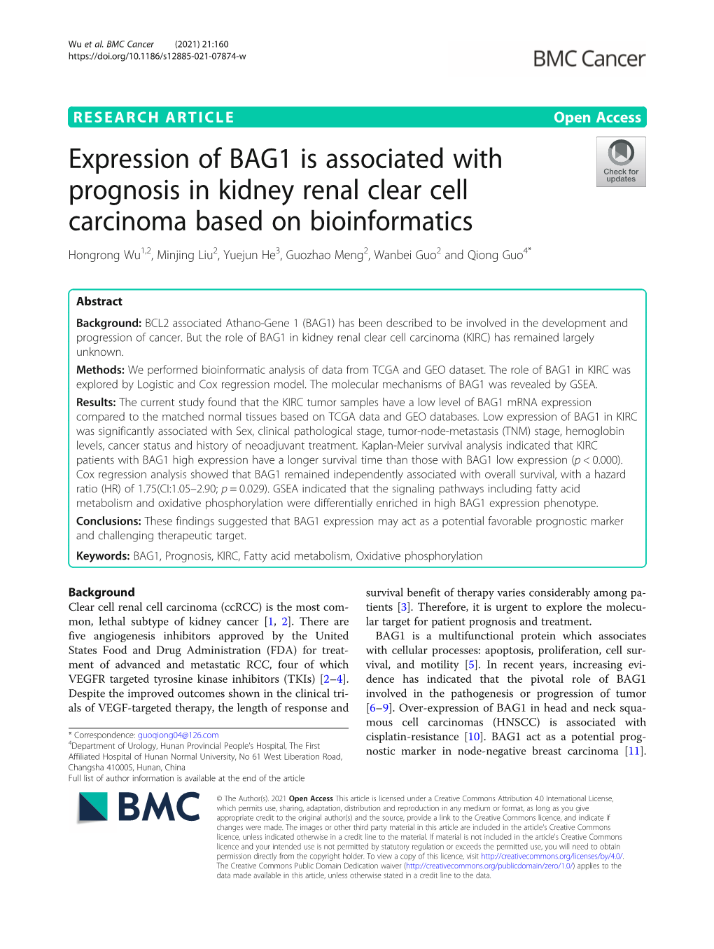 Expression of BAG1 Is Associated with Prognosis in Kidney Renal Clear Cell