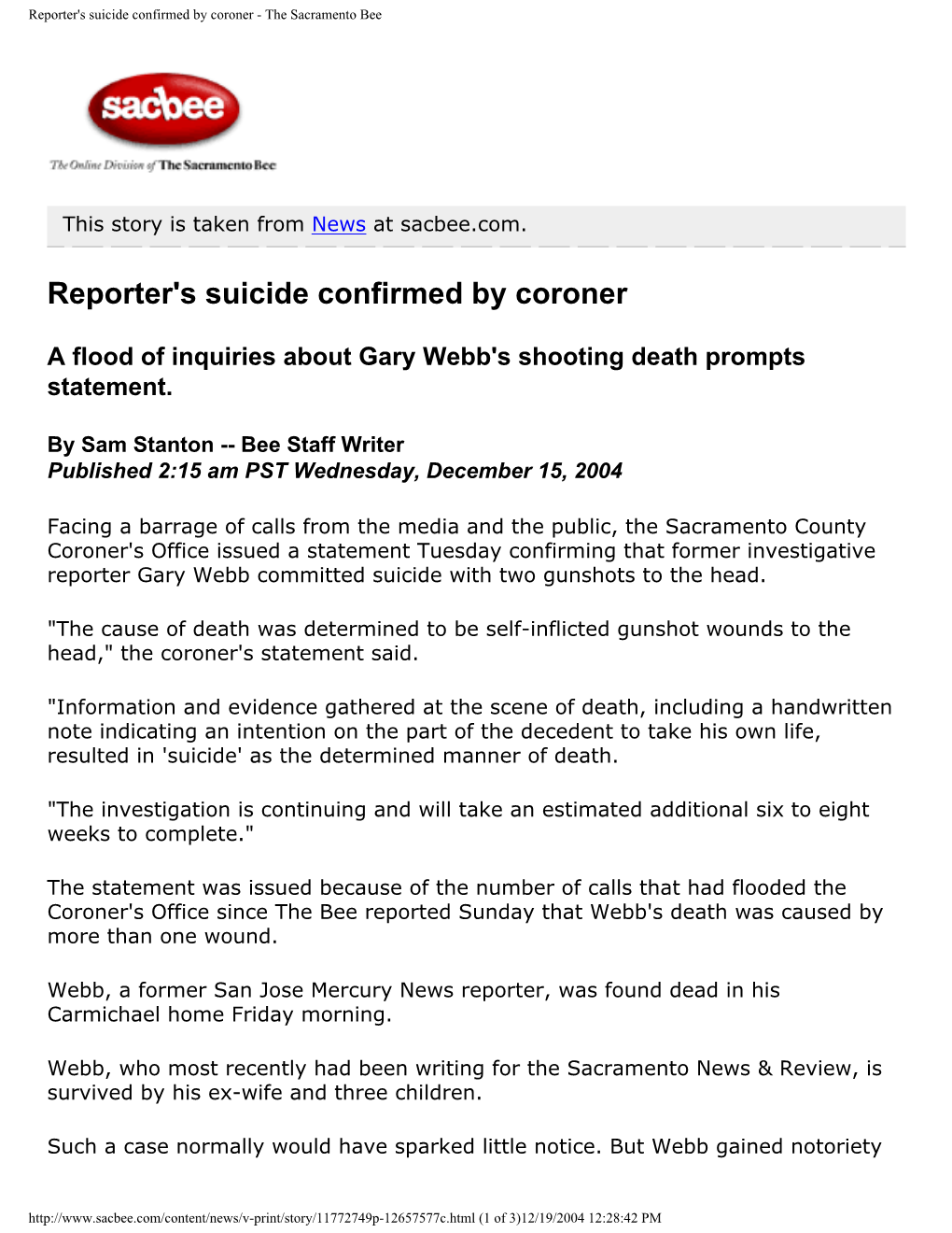 Reporter's Suicide Confirmed by Coroner - the Sacramento Bee