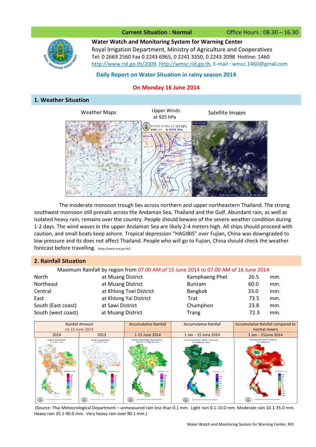Report for Water Situation on Monday 16 June 2014