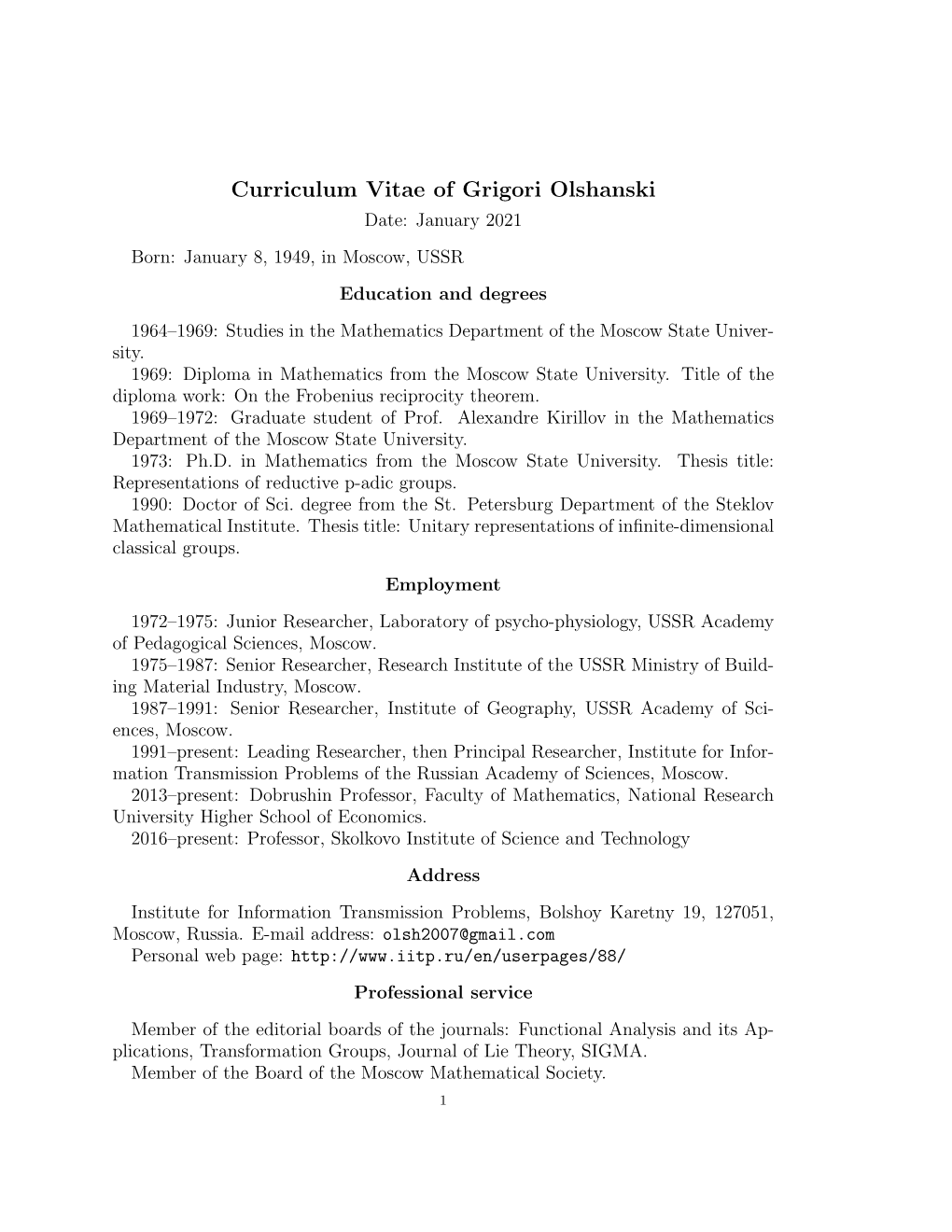 Curriculum Vitae of Grigori Olshanski