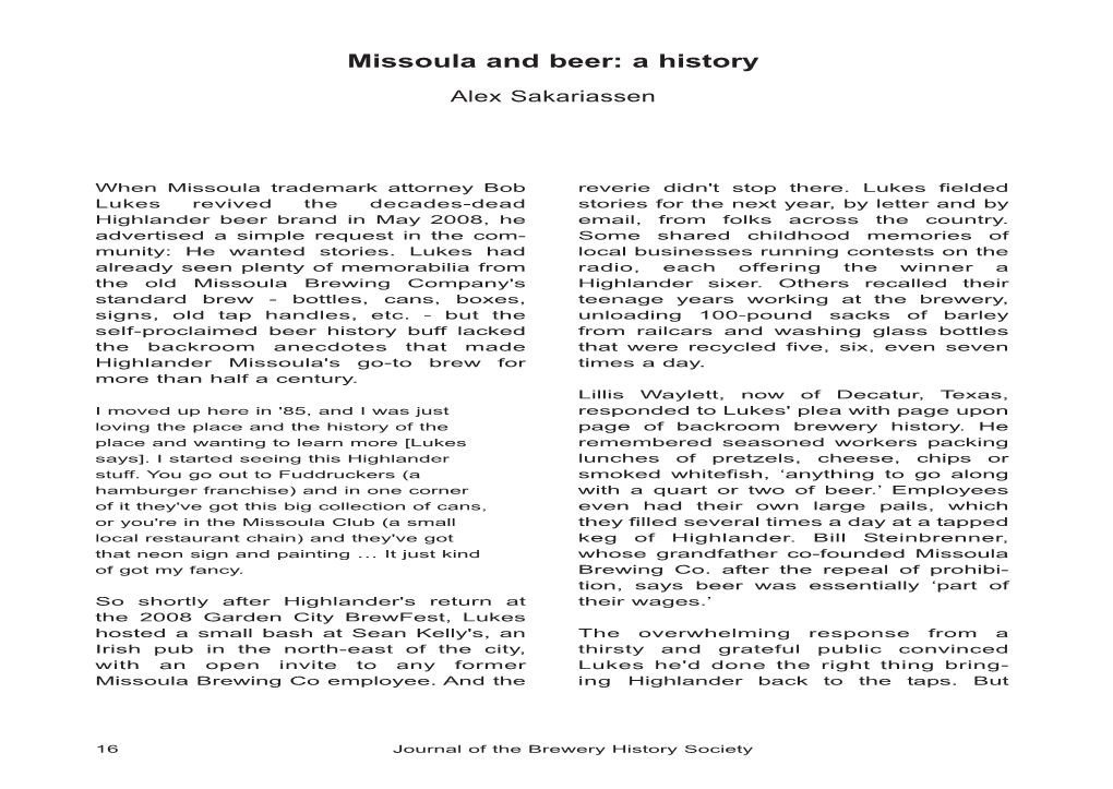 Missoula and Beer: a History Alex Sakariassen