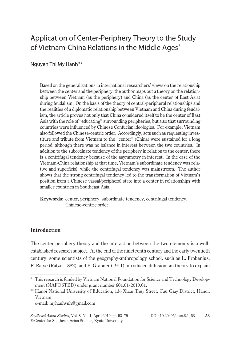 Application of Center-Periphery Theory to the Study of Vietnam-China Relations in the Middle Ages*