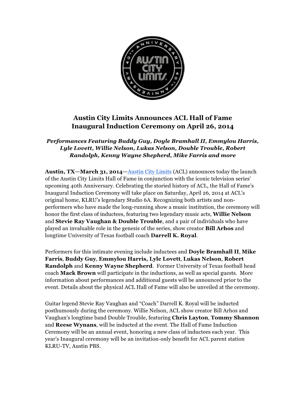 Austin City Limits Announces ACL Hall of Fame Inaugural Induction Ceremony on April 26, 2014