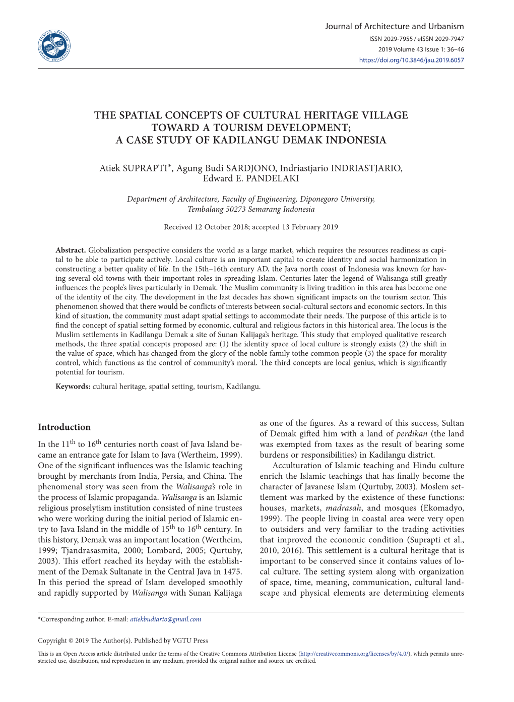 The Spatial Concepts of Cultural Heritage Village Toward a Tourism Development; a Case Study of Kadilangu Demak Indonesia