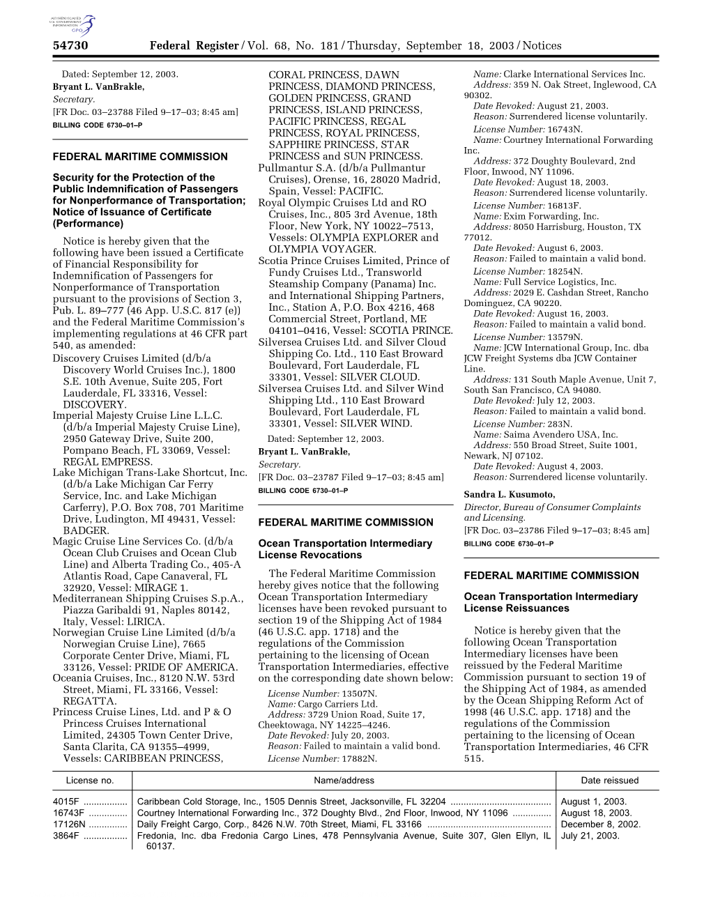 Federal Register/Vol. 68, No. 181/Thursday, September 18, 2003/Notices