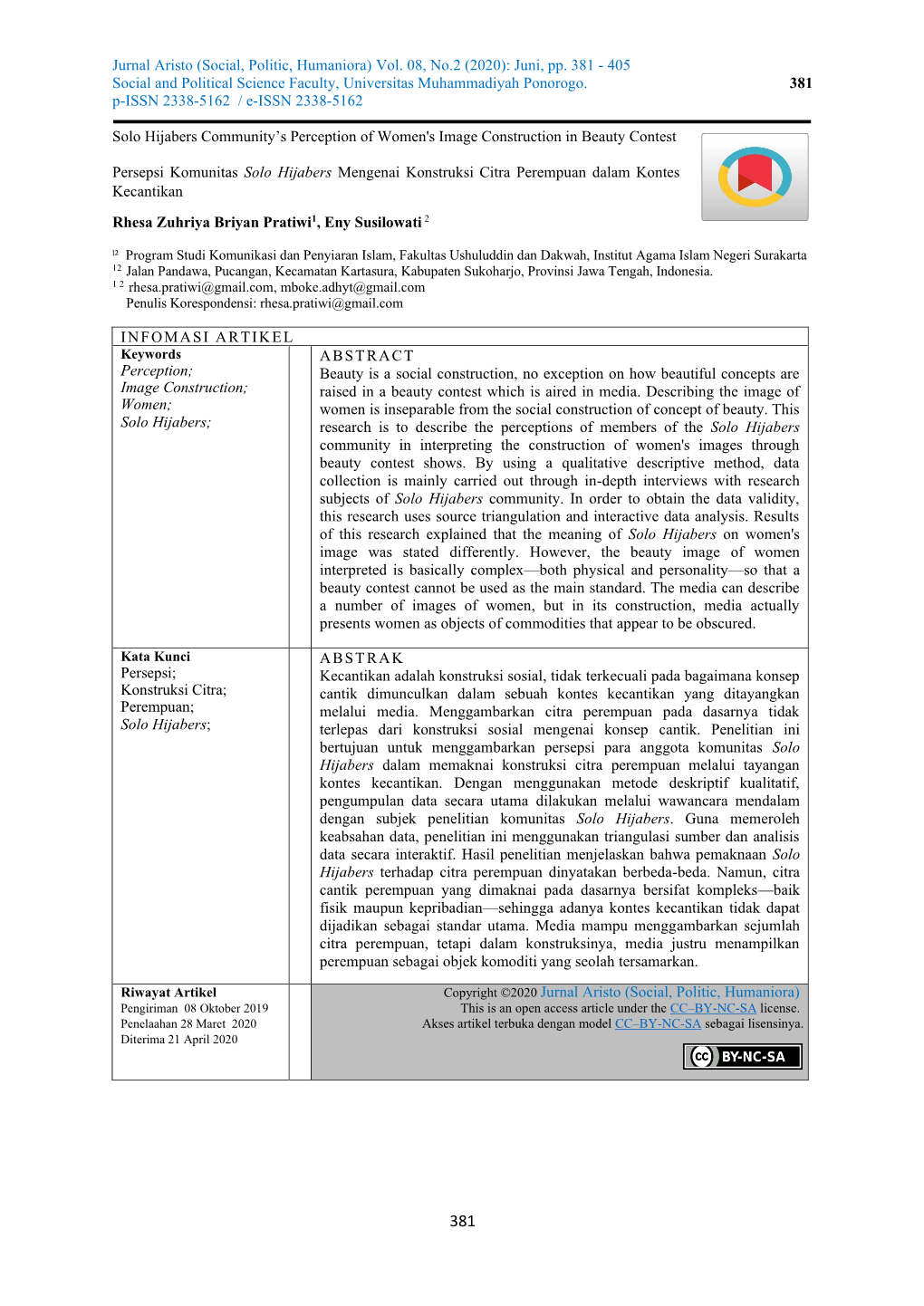 Jurnal Aristo (Social, Politic, Humaniora) Vol. 08, No.2 (2020): Juni, Pp. 381 - 405 Social and Political Science Faculty, Universitas Muhammadiyah Ponorogo