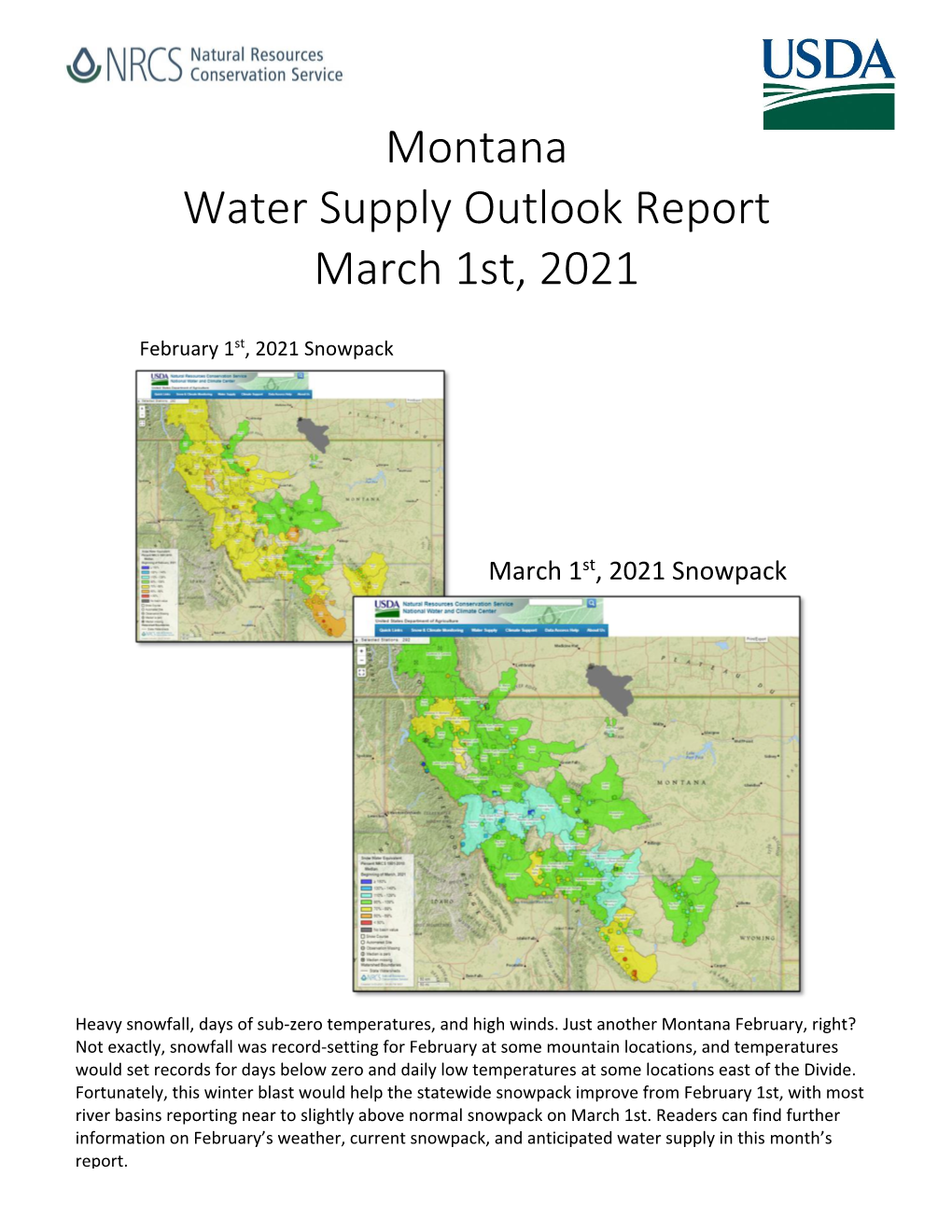 Montana Water Supply Outlook Report March 1St, 2021