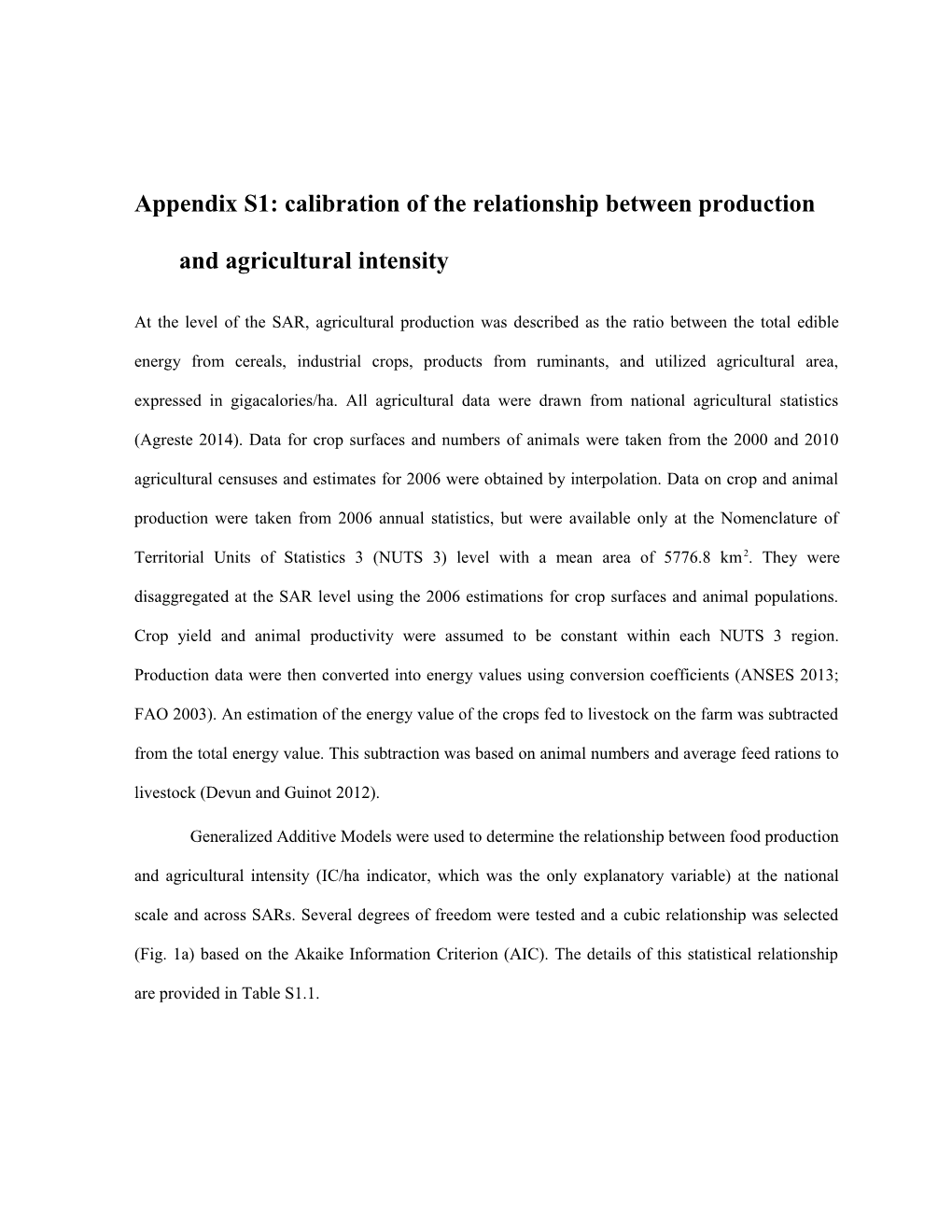 Appendix S1: Calibration of the Relationship Between Production and Agricultural Intensity