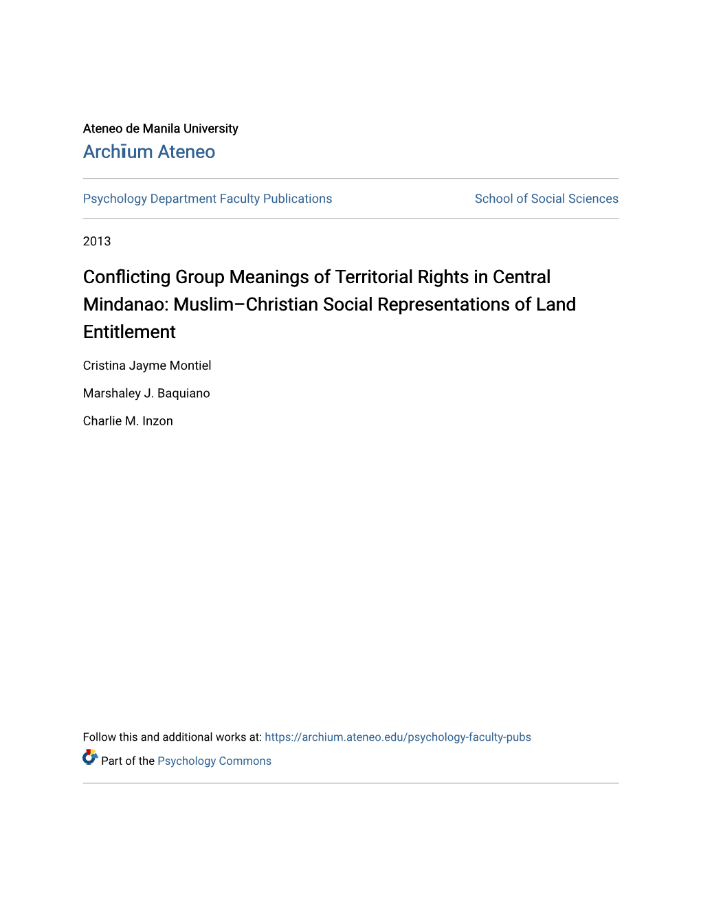 Conflicting Group Meanings of Territorial Rights in Central Mindanao: Muslim–Christian Social Representations of Land Entitlement