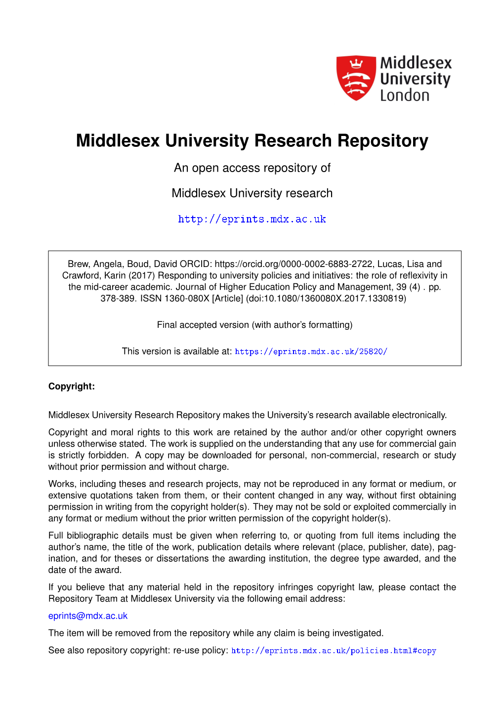 Responding to University Policies and Initiatives: the Role of Reflexivity in the Mid-Career Academic