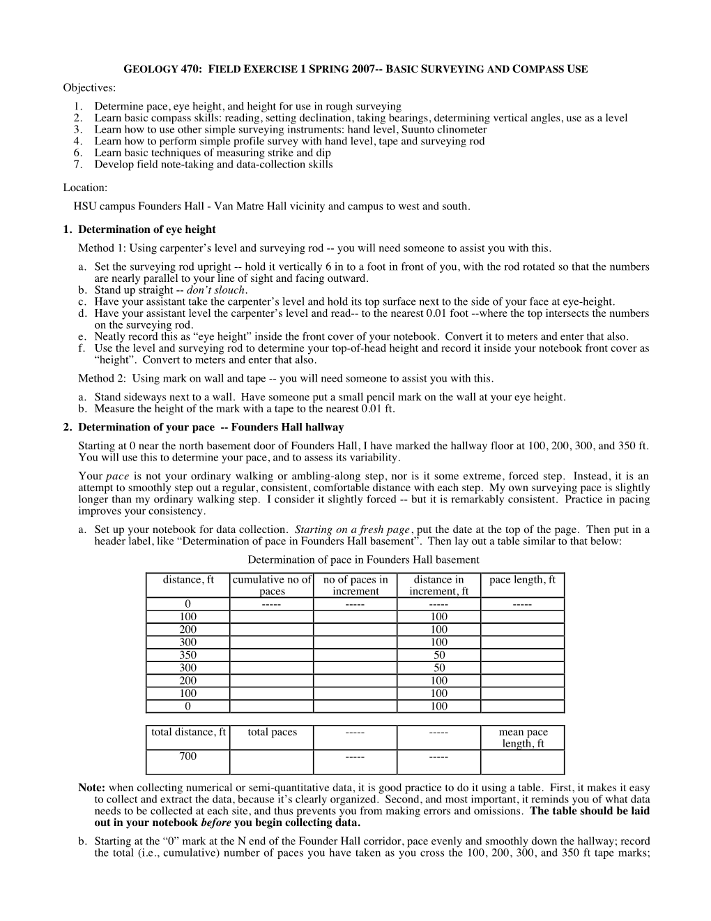 1. Determine Pace, Eye Height, and Height for Use in Rough Surveying 2