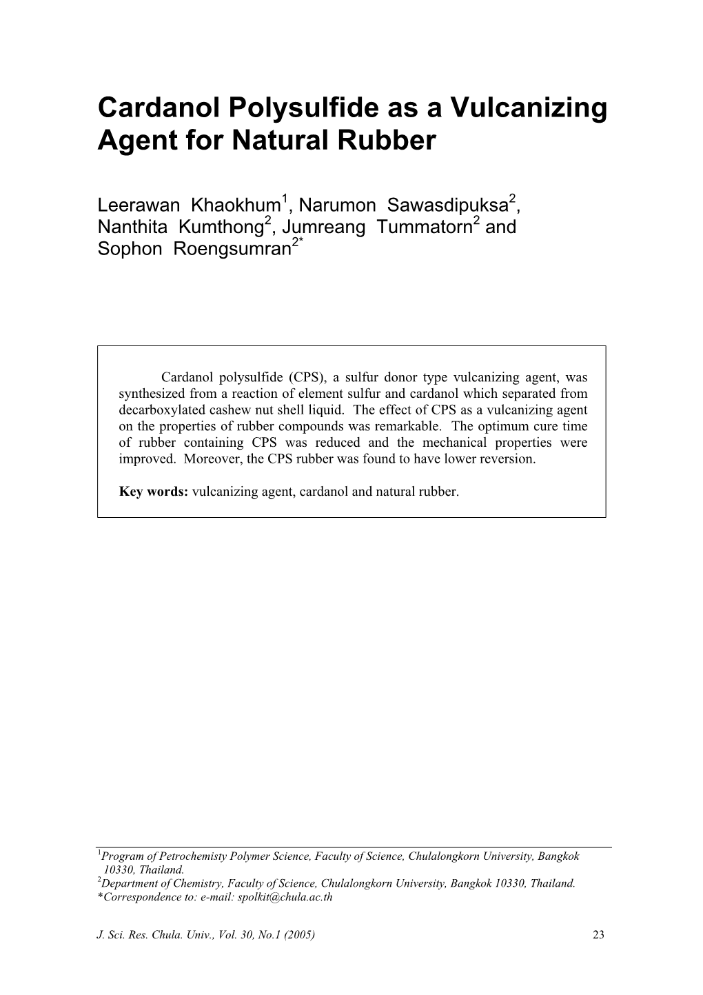 Cardanol Polysulfide As a Vulcanizing Agent for Natural Rubber