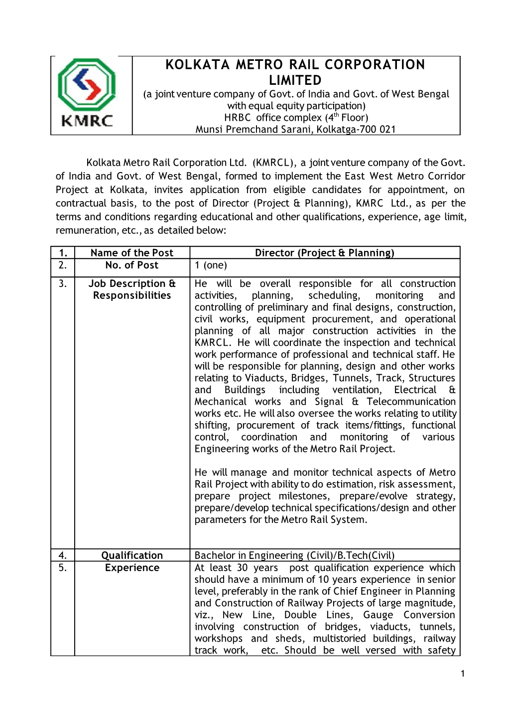 KOLKATA METRO RAIL CORPORATION LIMITED (A Joint Venture Company of Govt