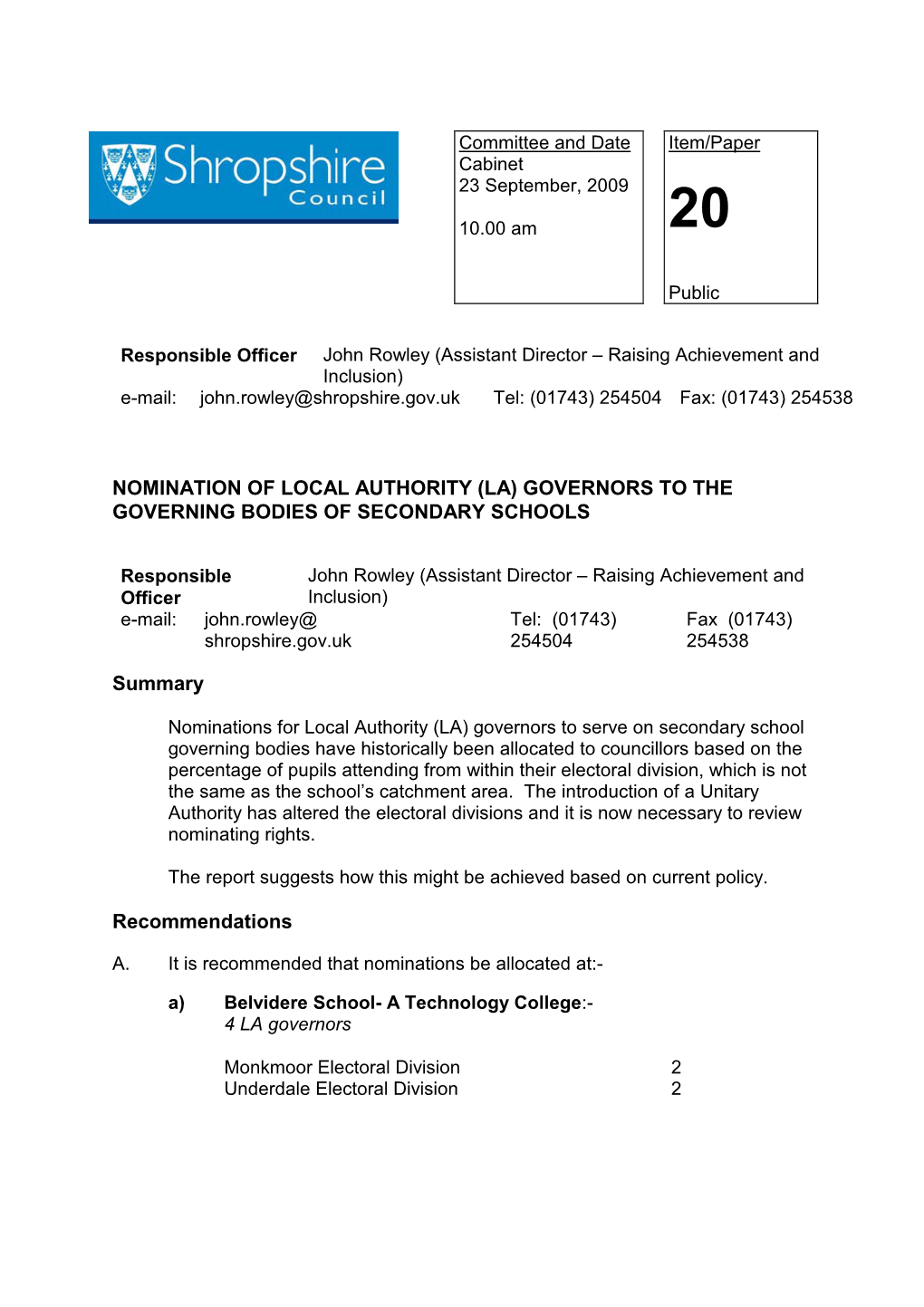 Nomination of Local Authority (La) Governors to the Governing Bodies of Secondary Schools