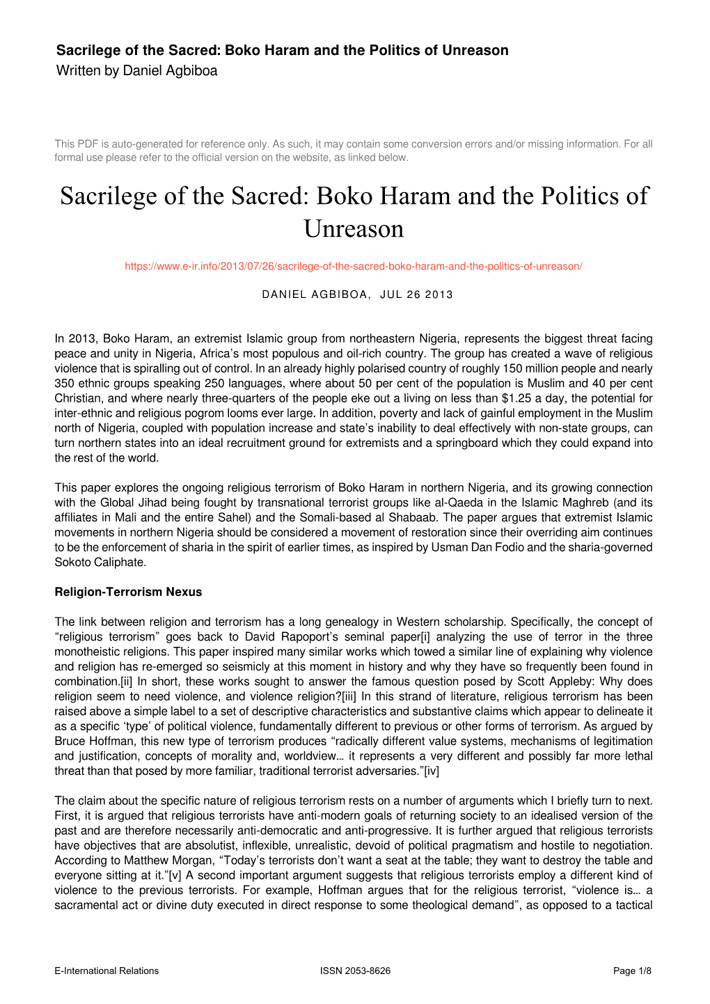 Sacrilege of the Sacred: Boko Haram and the Politics of Unreason Written by Daniel Agbiboa