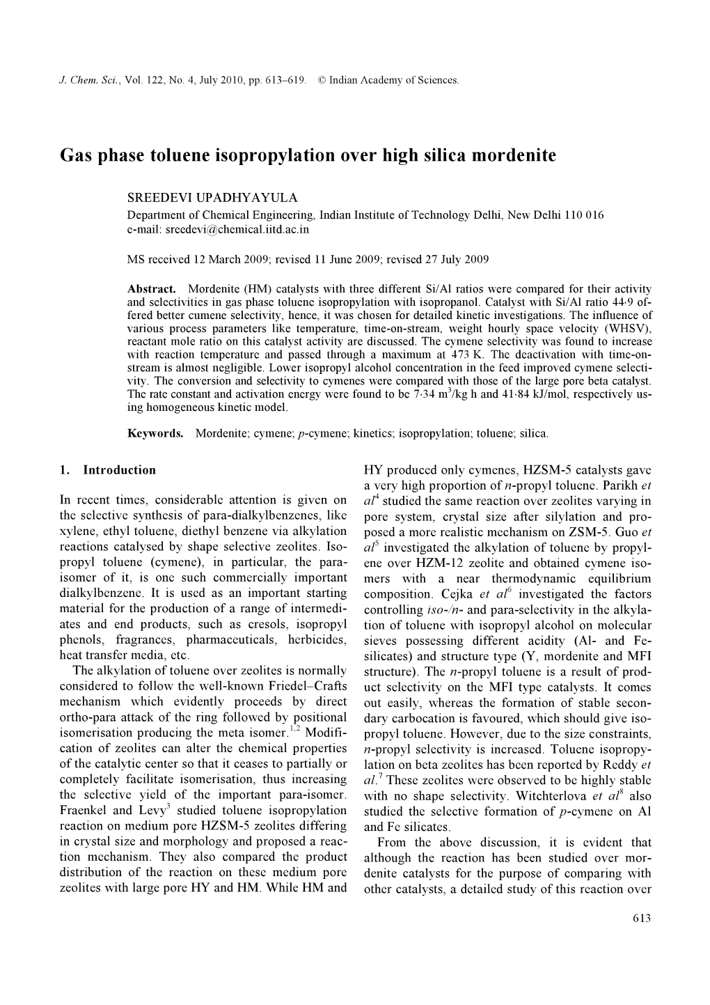 Gas Phase Toluene Isopropylation Over High Silica Mordenite