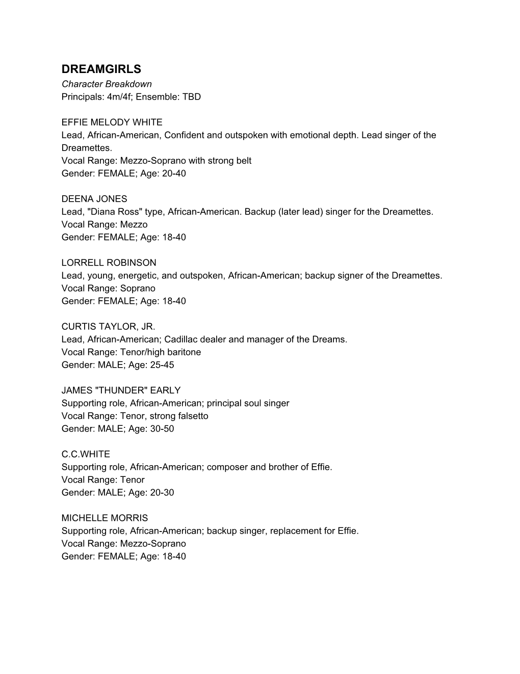 DREAMGIRLS Character Breakdown Principals: 4M/4F; Ensemble: TBD