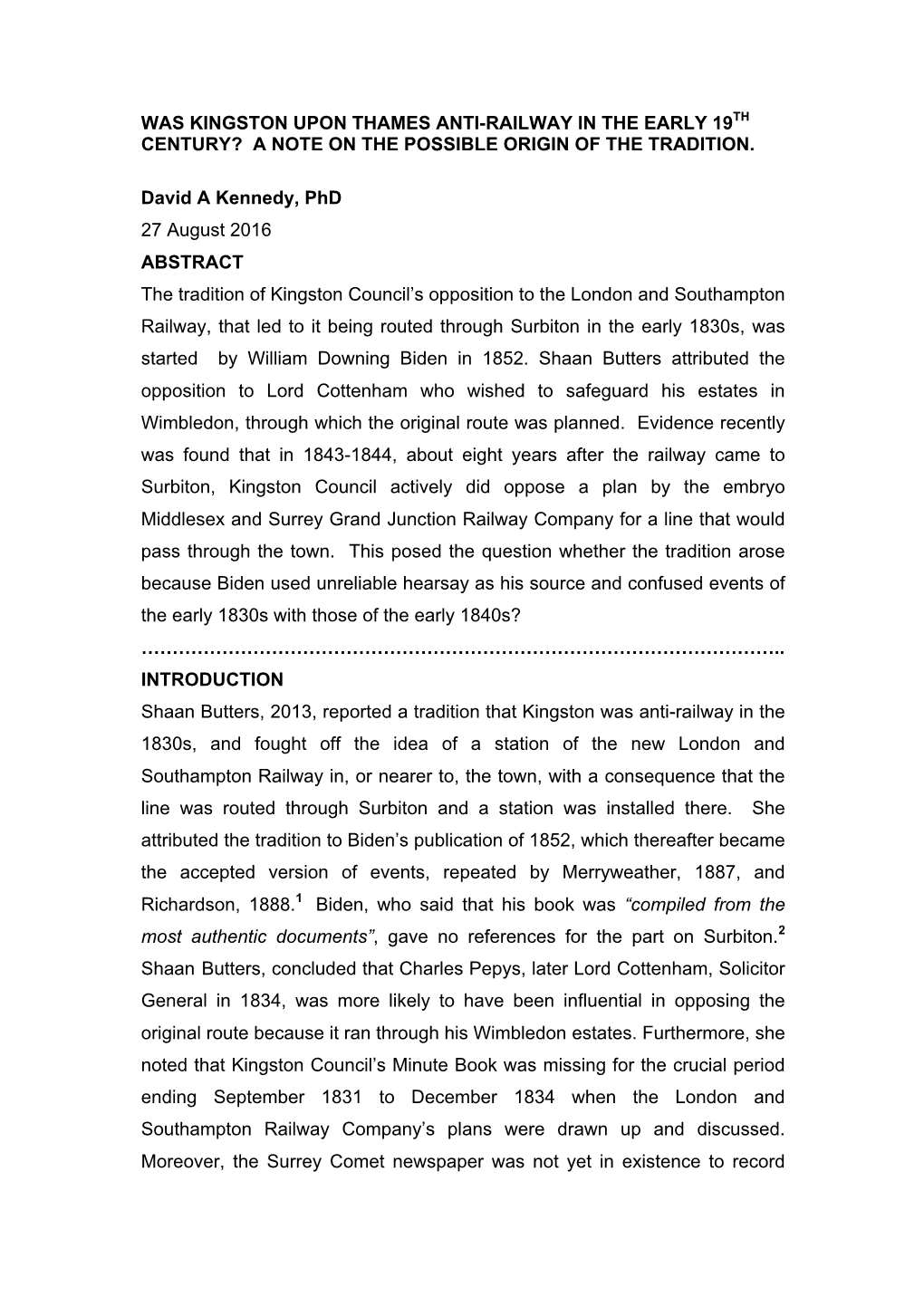 Was Kingston Upon Thames Anti-Railway in the Early 19Th Century? a Note on the Possible Origin of the Tradition