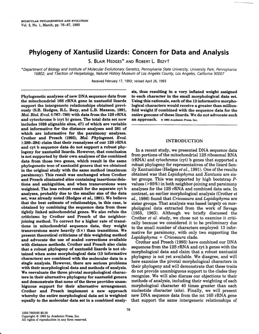 Phylogeny of Xantusiid Lizards: Concern for Data and Analysis