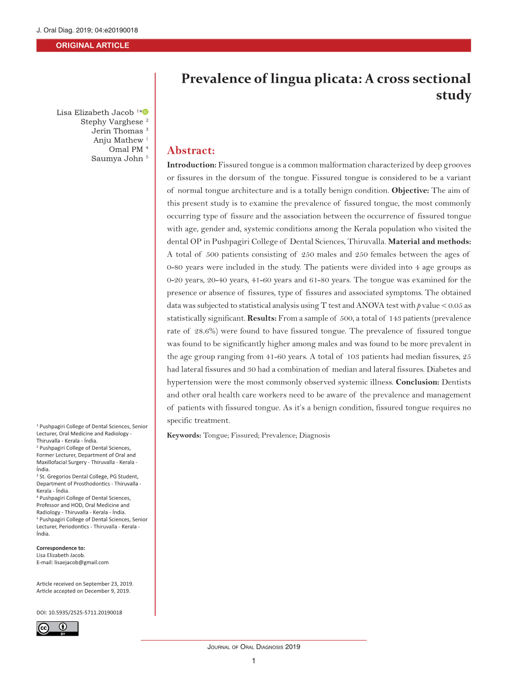 Prevalence of Lingua Plicata: a Cross Sectional Study