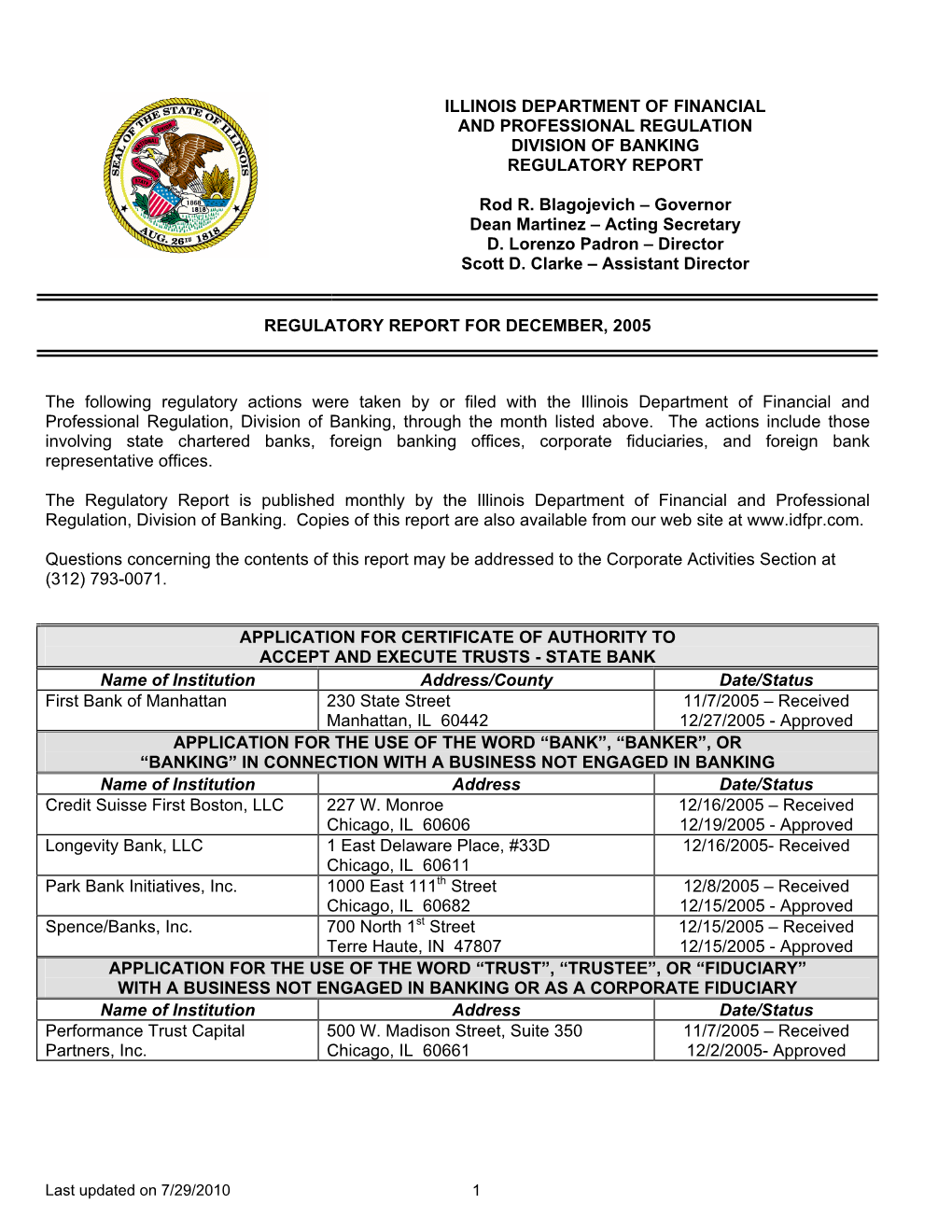 Illinois Department of Financial and Professional Regulation Division of Banking Regulatory Report