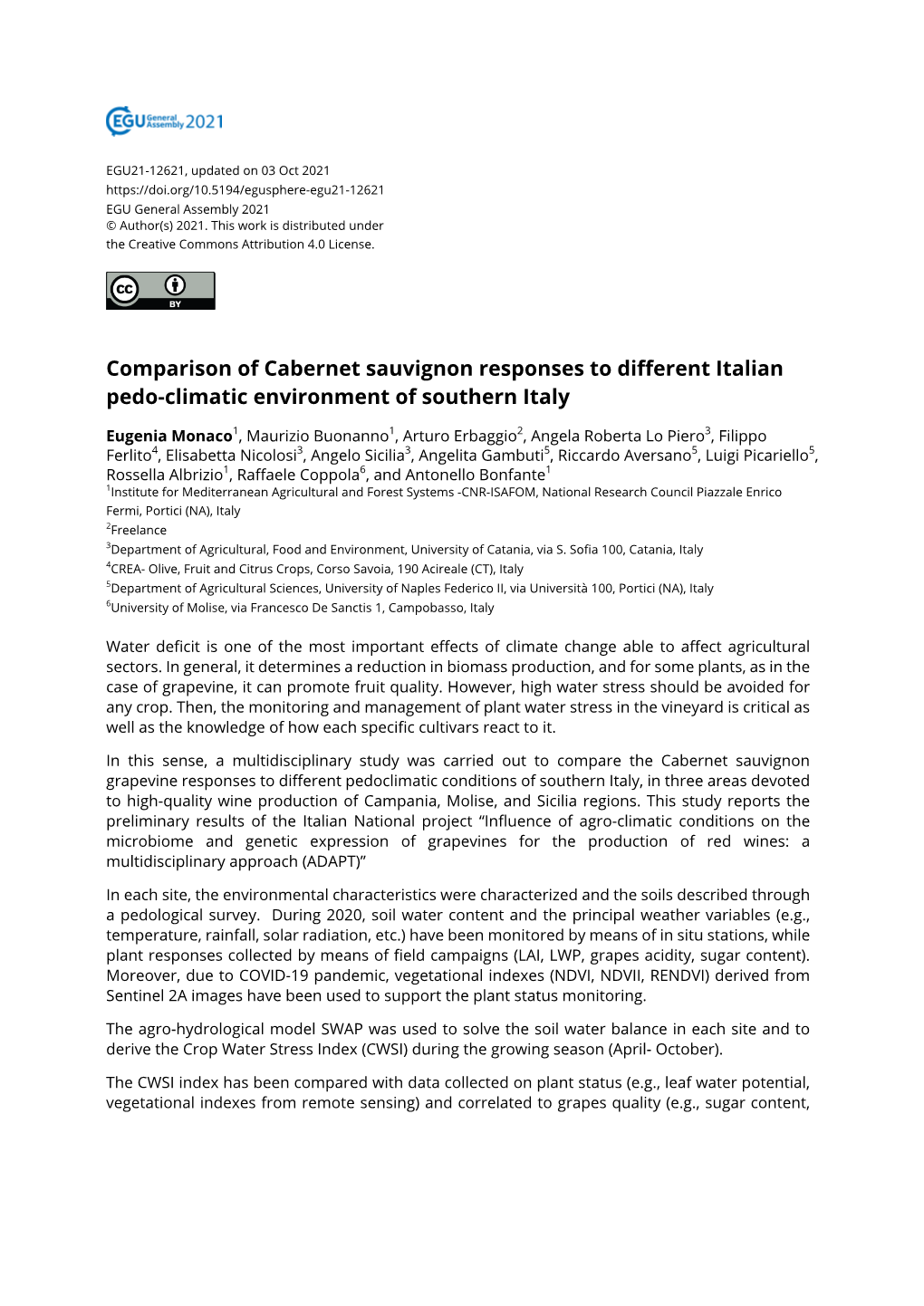 Comparison of Cabernet Sauvignon Responses to Different Italian Pedo-Climatic Environment of Southern Italy