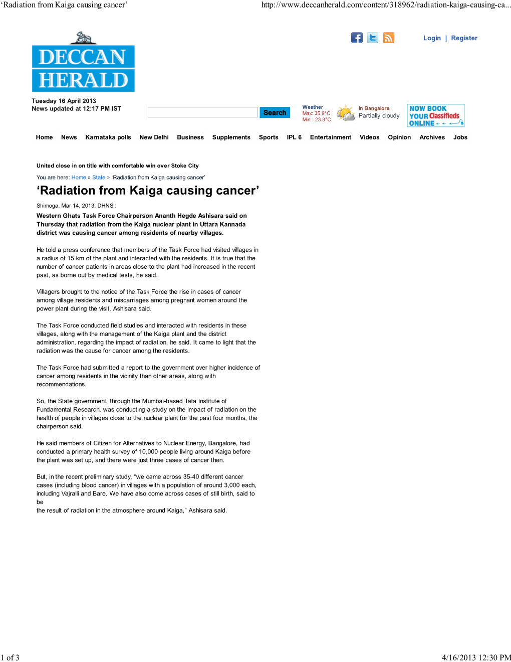 'Radiation from Kaiga Causing Cancer'