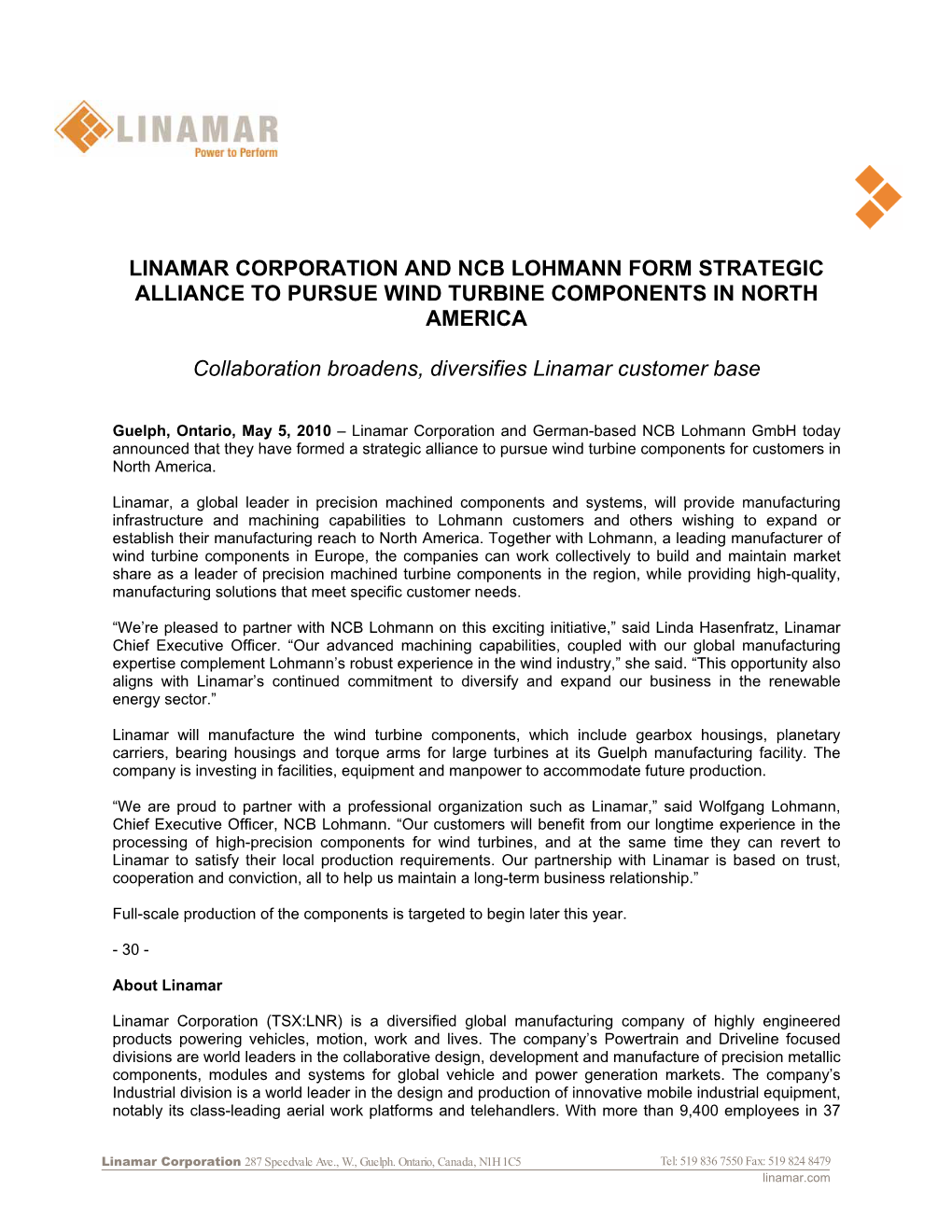 Linamar Corporation and Ncb Lohmann Form Strategic Alliance to Pursue Wind Turbine Components in North America