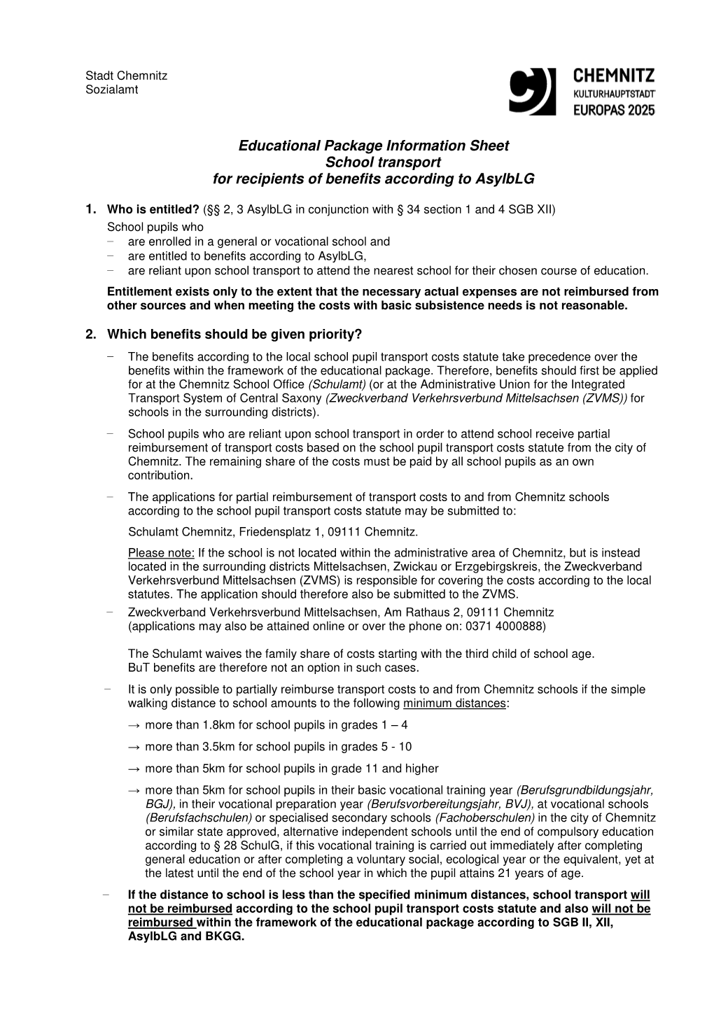 Educational Package Information Sheet School Transport for Recipients of Benefits According to Asylblg