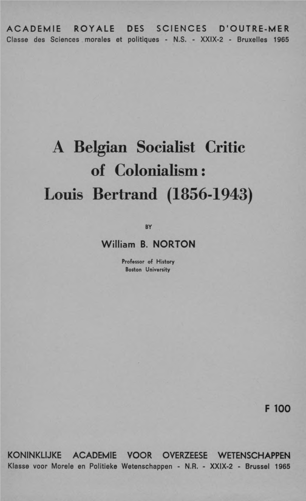 A Belgian Socialist Critic of Colonialism: Louis Bertrand (1856-1943)