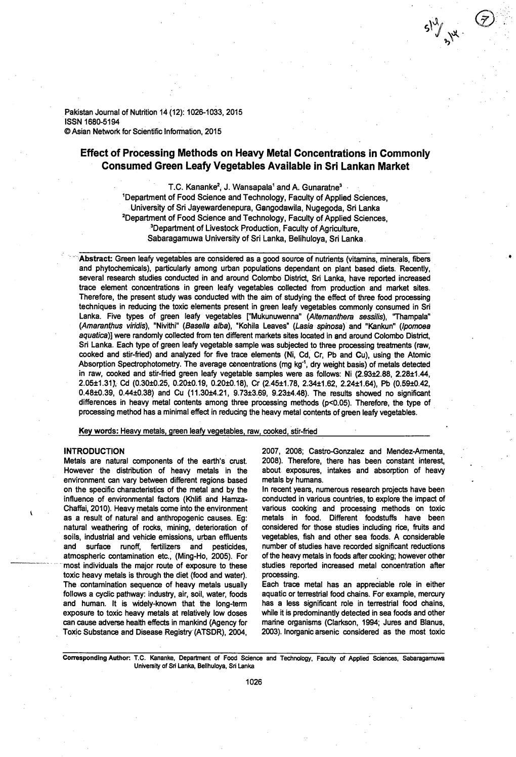 Effect of Processing Methods on Heavy Metai Concentrations in Commonly Consumed Green Leafy Vegetables Available in Sri Lankan Market