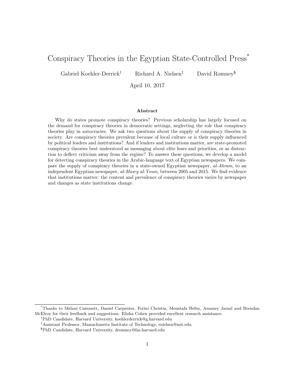 Conspiracy Theories in the Egyptian State-Controlled Press*