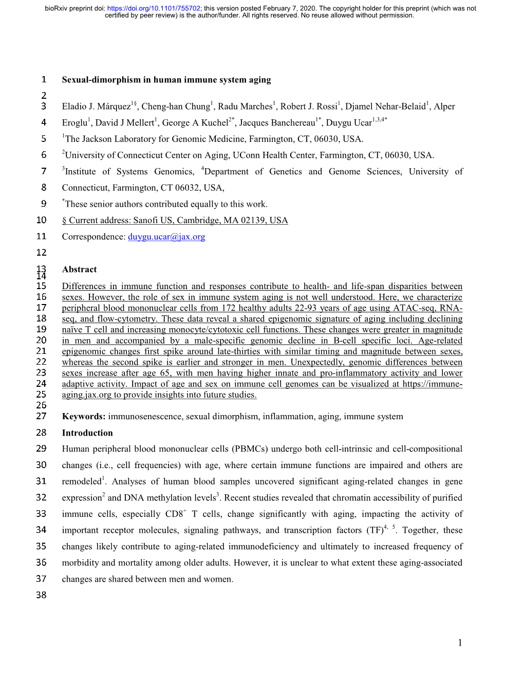 Sexual-Dimorphism in Human Immune System Aging 1 2 Eladio J